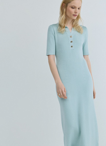 Платье в рубчик с воротником поло, Зеленый