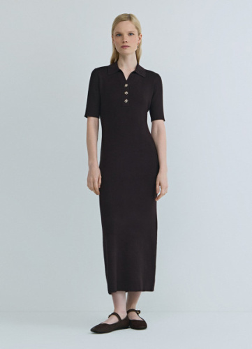 Платье в рубчик с воротником поло, Коричневый