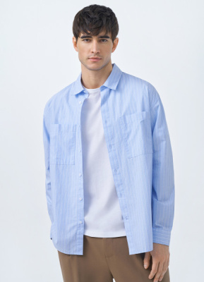 Рубашка в полоску с карманами, Голубой