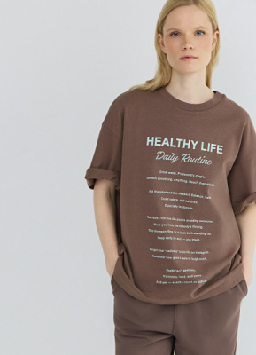 Футболка оверсайз с принтом, Коричневый