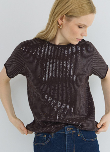 Джемпер с пайетками и коротким рукавом, Коричневый