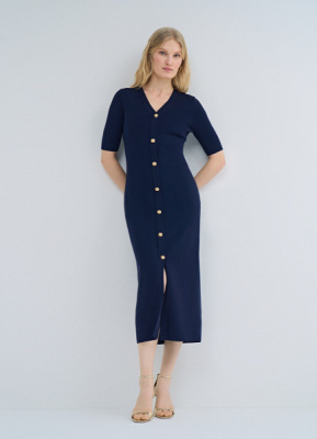 Вязаное платье с V-вырезом, Синий