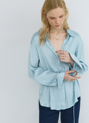 Блузка из сатина с поясом, Зеленый