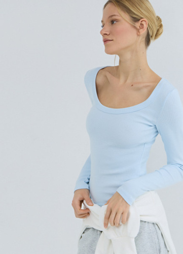 Приталенный лонгслив в рубчик, Голубой