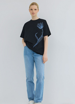 Футболка с цветочным принтом, Черный