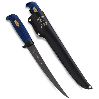 Нож филейный Marttiini, сталь X20Cr13, рукоять резина, синий, в чехле