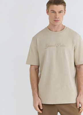 Футболка с текстовой вышивкой, Бежевый