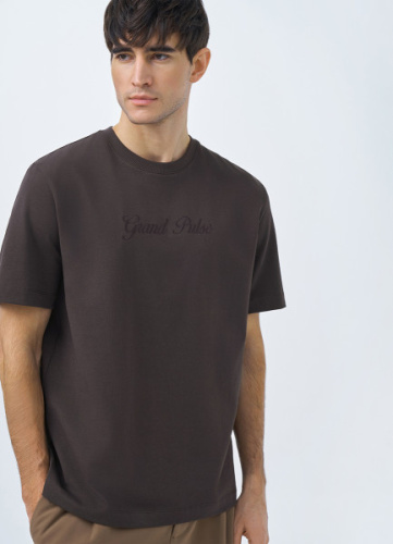 Футболка с текстовой вышивкой, Коричневый