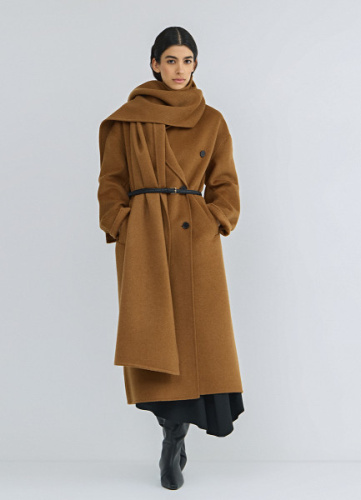 Длинное двубортное пальто с шарфом, Желтый