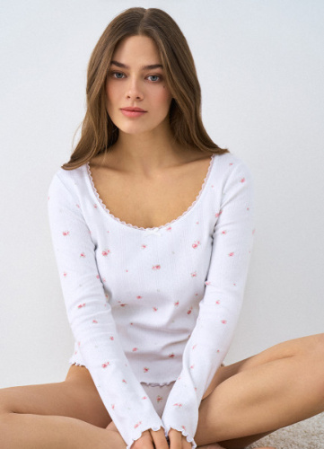 Лонгслив пижамный из трикотажа пуантель, Белый