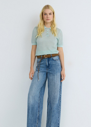 Джемпер поло из ажурной пряжи, Зеленый