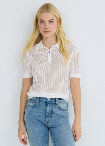 Джемпер поло из ажурной пряжи, Белый