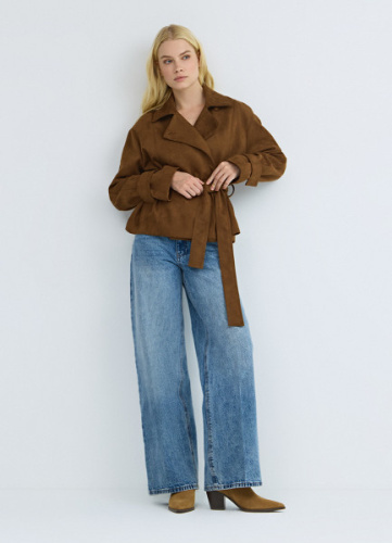 Куртка из искусственной замши с поясом, Желтый