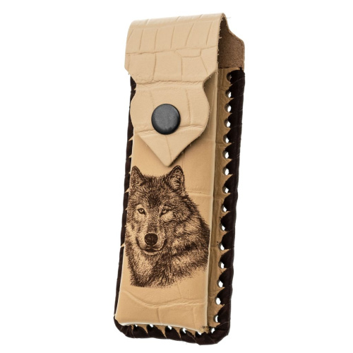Кожаный чехол для складного ножа с рисунком волка, 130 мм