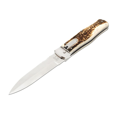 Автоматический нож Mikov Predator, сталь RWL-34, рукоять рог оленя, кожаный чехол