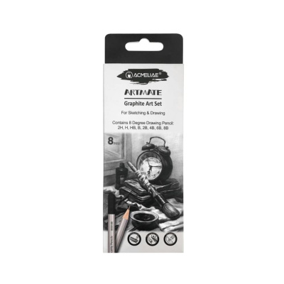 Набор карандашей чернографитных ACMELIAE 8 твердостей (2H,H,HB,B,2B,4B,6B,8B) в картоне