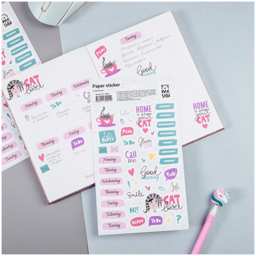 Наклейки бумажные для ежедневников MESHU "Cat lover", 12*21см, 45 наклеек