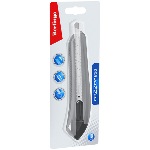 Нож канцелярский Berlingo "Razzor 200" 18 мм, auto-lock, металл. направл., серый, европодвес