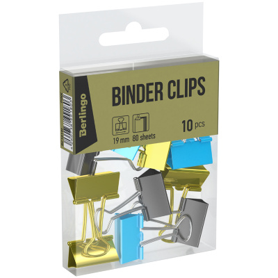 Зажимы для бумаг Berlingo 19 мм, 10 шт, цветные, ПВХ упак., европодвес, голубой+золотой