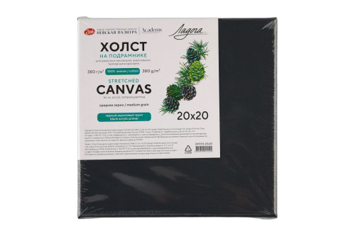 Холст грунтованный на подрамнике "Ладога", 20х20 см 380 г, 100% хлопок, черный акриловый грунт, сред