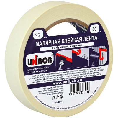 Клейкая лента малярная Unibob, 25 мм*50 м, инд.упаковка