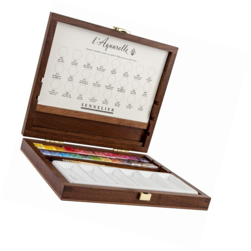 Набор акварели Sennelier "Artists" Deluxe в полукюветах, 24 цвета, аксессуары, деревянная коробка