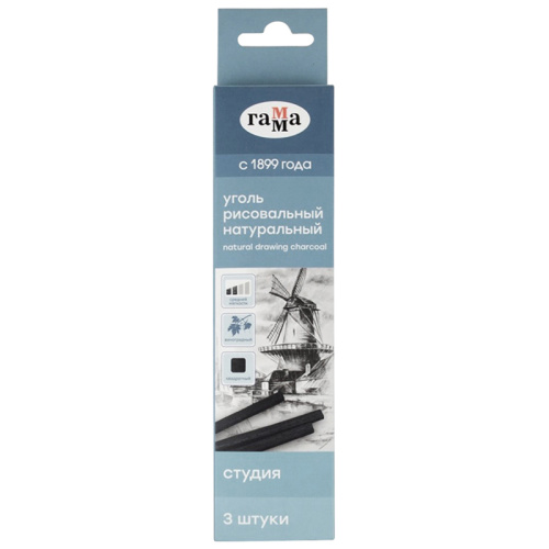 Набор угля натуральный Гамма "Студия" виноградный, средней мягкости, квадратный, 3 шт., картон. упак
