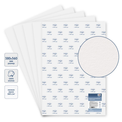 Бумага для акварели Гамма "Студия" 380*560 мм 300 г, мелкое зерно, 100% хлопок