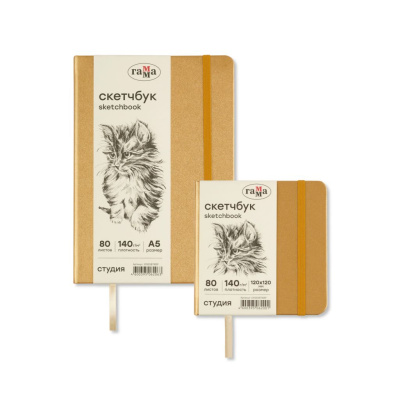Скетчбук Гамма "Студия" 80 л 140 г, золото, твердая обложка, на резинке, слоновая кость