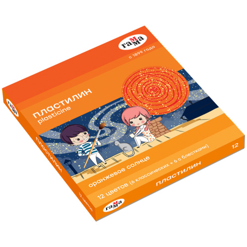 Набор пластилина Гамма "Оранжевое солнце" 12 цветов ( 6 классич., 6 с блестк.), 168 г, со стеком