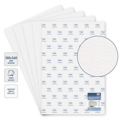 Бумага для акварели Гамма "Студия" 380*560 мм 450 г, крупное зерно, 100% хлопок