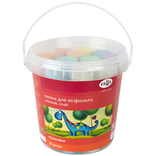 Мелки для асфальта Гамма "Мультики" цветные 12 шт., круглые, пластиковое ведро