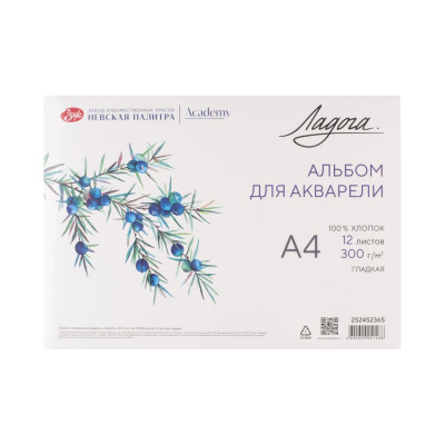 Альбом-склейка для акварели "Ладога" А4 12 л 300 г, 100% хлопок, гладкая