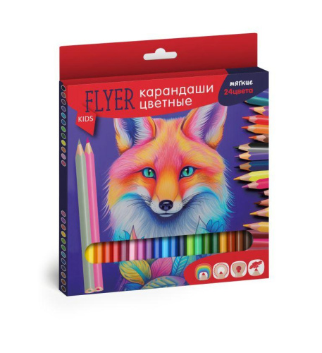 Набор карандашей цветных FLYER "ЛИСА", 24 цвета, трехгранная форма, толщина грифеля 3 мм