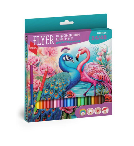 Набор карандашей цветных двухсторонних FLYER "Павлин/Фламинго" 24 карандаша/48 цветов, трехгранная ф
