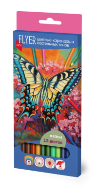 Набор карандашей цветных FLYER "Бабочка", 12 пастельных цветов, трехгранная форма, толщина грифеля 3