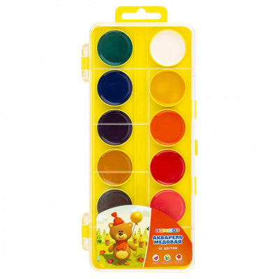 Набор акварели "Цветик" 12 цветов, пластиковая упаковка желтая с петлей