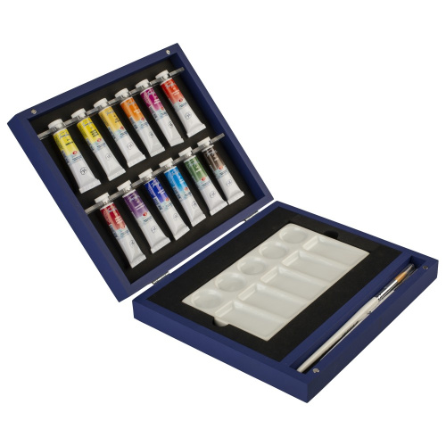 Набор акварель "Белые Ночи" 12 шт х 10 мл, 2 кисти, палитра, синее дерево