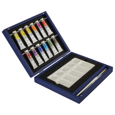 Набор акварель "Белые Ночи" 12 шт х 10 мл, 2 кисти, палитра, синее дерево