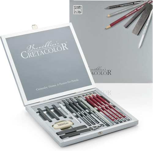 Набор художественный Cretacolor "SILVER BOX" в деревянной коробке окрашенной в серебряный цвет
