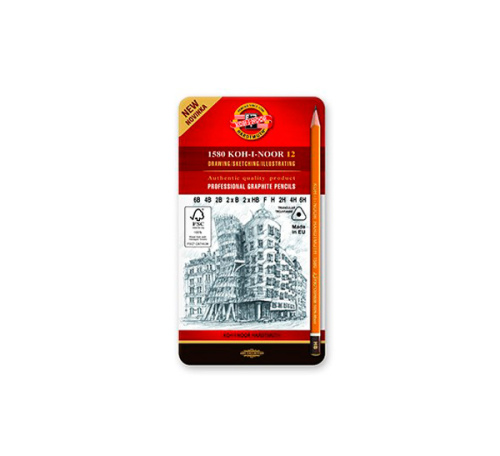 Набор карандашей чернографитных Koh-I-Noor 12 шт (6В-6Н) трехгранные, в металл коробке