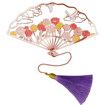 Закладка-веер с кисточкой "Журавли над маковым полем" (нержавеющая сталь)