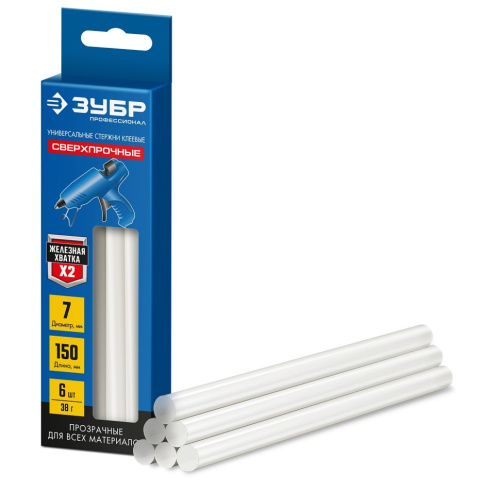 Клеевые стержни прозрачные сверхпрочные ЗУБР Профессионал, d 7 х 150 мм (7-8 мм) 6 шт, 38 г