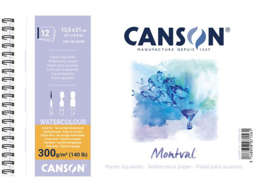Альбом для акварели на спирали Canson "Montval" Fin 13,5х21 см 12 л 300 г