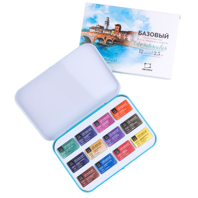 Набор акварели Малевичъ "Veroneze" Базовый кюветы 2,5 мл, 12 цветов, металлическая коробка