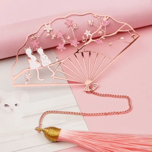 Закладка-веер для книг с кисточкой "Цветы и кошки" (нержавеющая сталь)