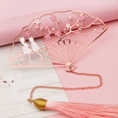 Закладка-веер для книг с кисточкой "Цветы и кошки" (нержавеющая сталь)