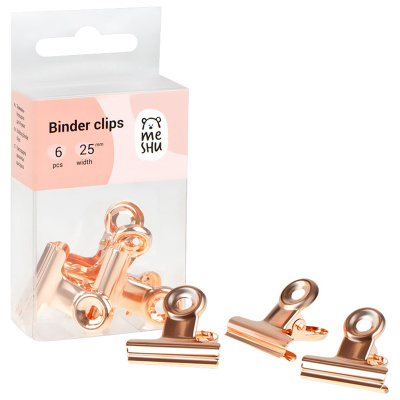 Зажимы-бульдоги для бумаг Meshu "Rose Gold" 6 шт 25 мм, бокс с европодвесом