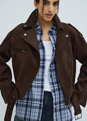 Короткая куртка-косуха из искусственной замши, Коричневый