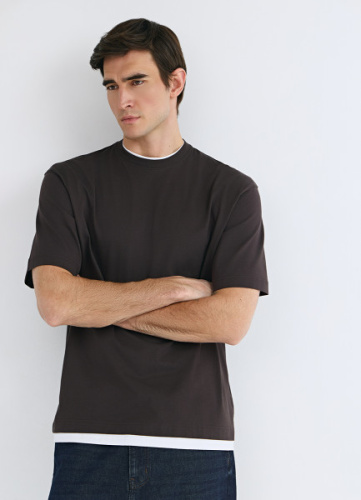 Футболка из плотного хлопка с контрастными деталями, Коричневый